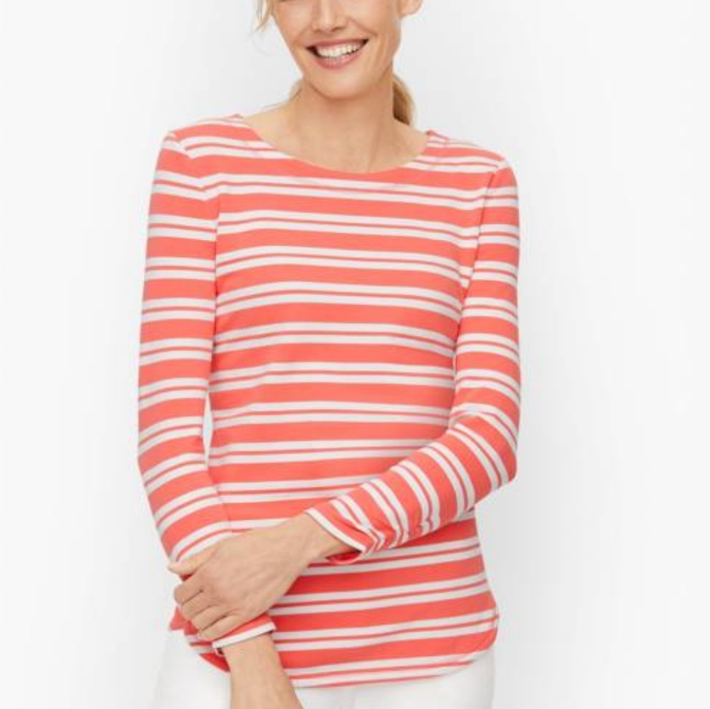 T By Talbots Orange White Stripe Cotton Stretch Tulip Hem Pullover Top Medium